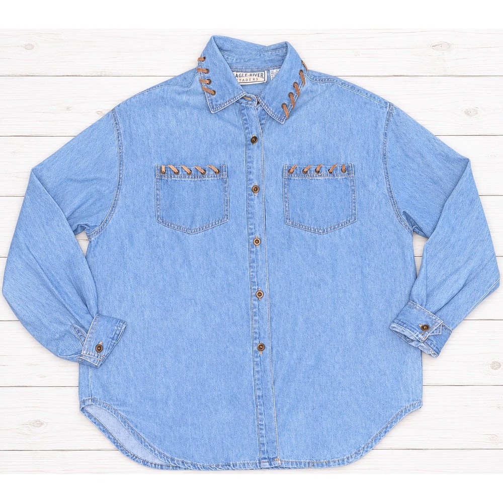 Eagle River Traders Denim Button Up Shirt Western Suede Lace Detail Medium